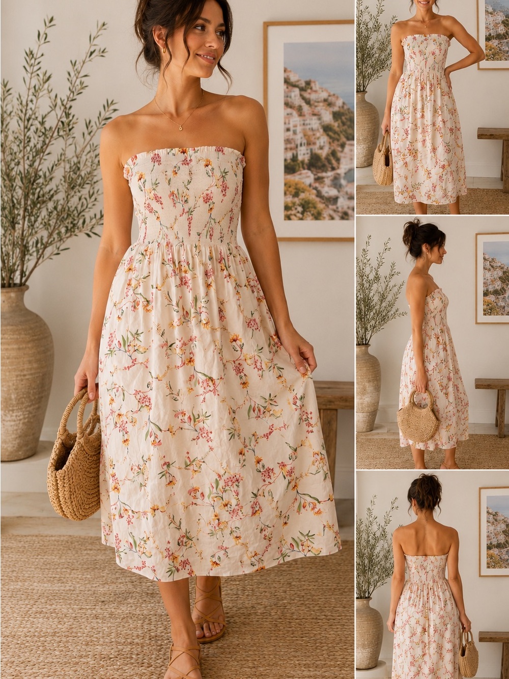 H&M Floral Strapless Smocked Cotton Midi Dress Cottagecore Summer S